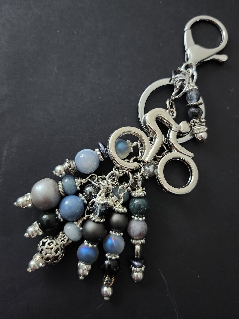Bicyclist Purse Charm Agate Silver Obsidian Handcrafted